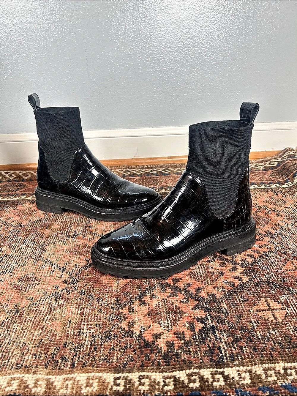LOEFFLER RANDALL Bridget Chelsea Boot Black Croc Patent Leather